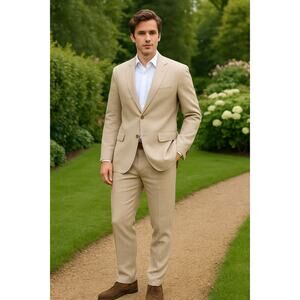 Peter Christian Men’s Suit Set Blazer Jacket Pants Slacks 48R Linen Cotton Beige